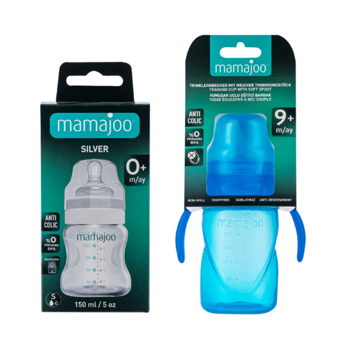 Mamajoo Silver Biberon 150 ml & Kulplu Eğitici Bardak 270 ml / Mavi