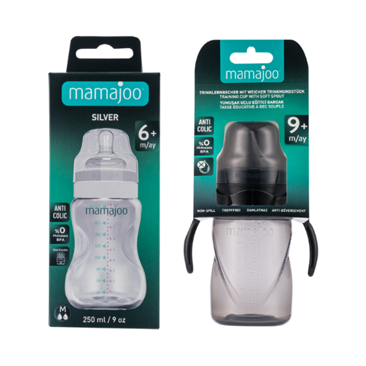 Mamajoo Silver Biberon 250ml & Kulplu Eğitici Bardak 270ml / Black