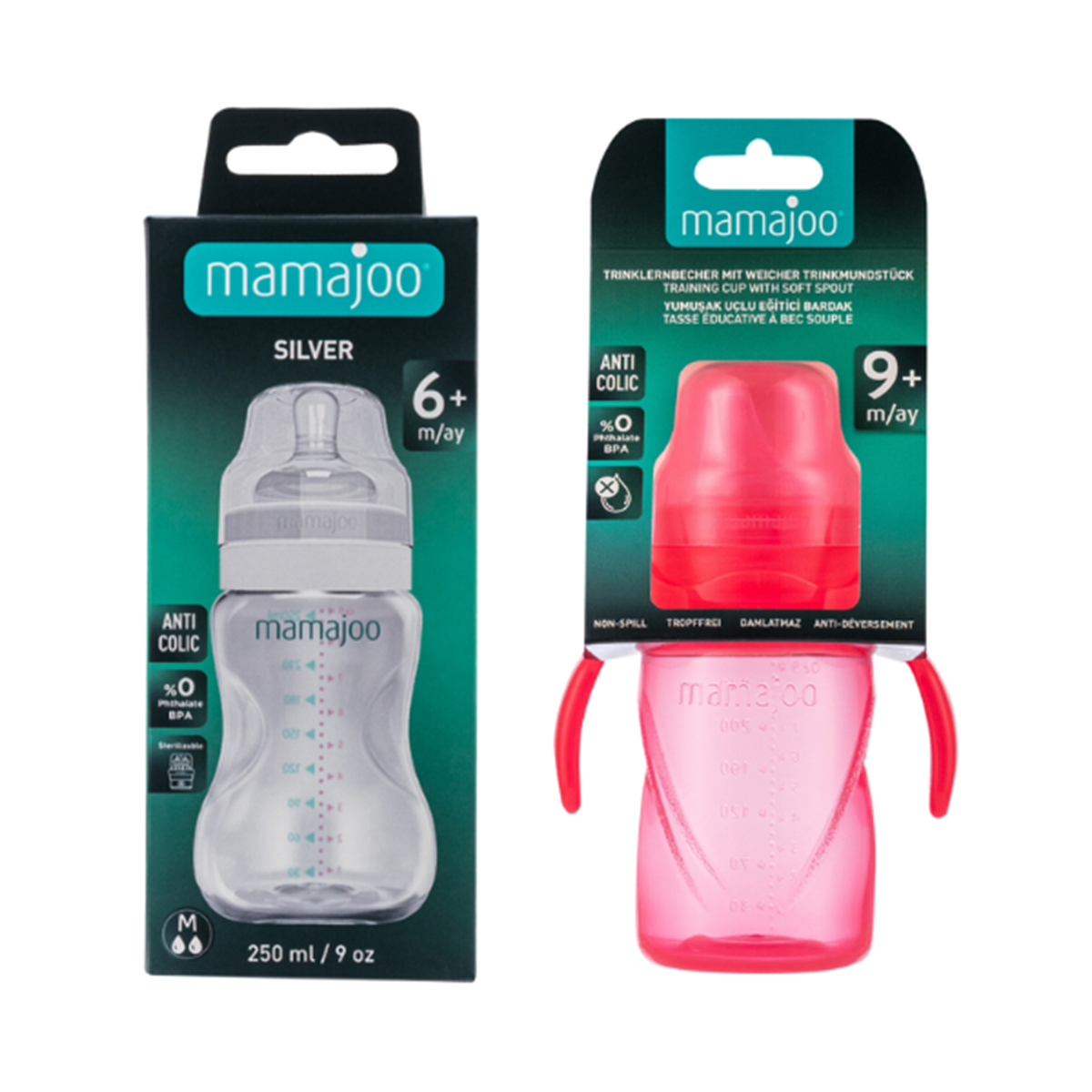 Mamajoo Silver Biberon 250ml & Kulplu Eğitici Bardak 270ml / Pembe