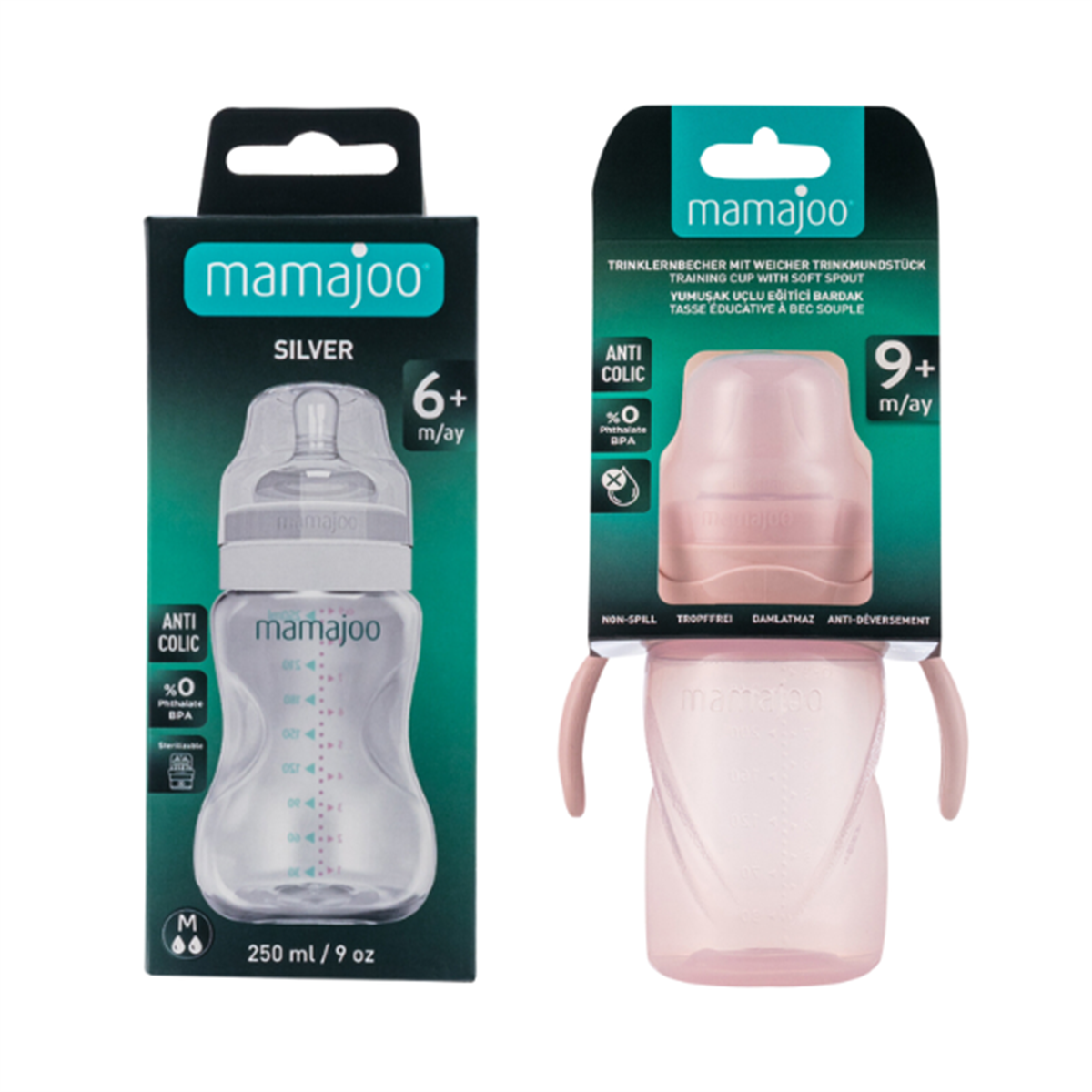 Mamajoo Silver Biberon 250ml & Kulplu Eğitici Bardak 270ml / Powder Pink