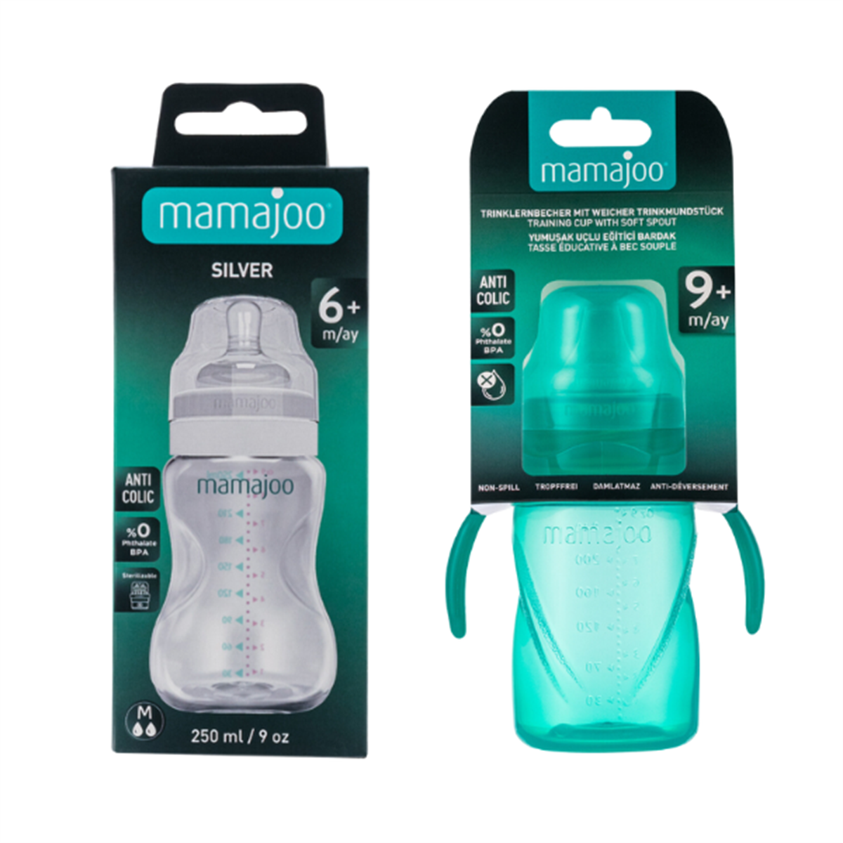 Mamajoo Silver Biberon 250ml & Kulplu Eğitici Bardak 270ml / Yeşil