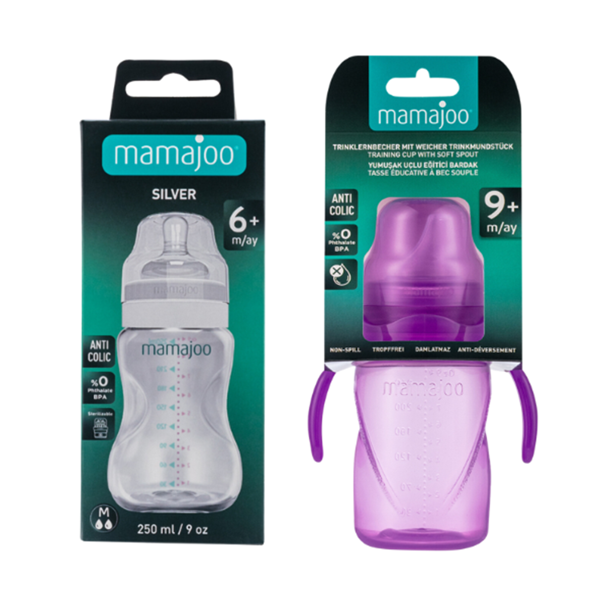 Mamajoo Silver Biberon 250ml & Kulplu Eğitici Bardak 270ml / Mor