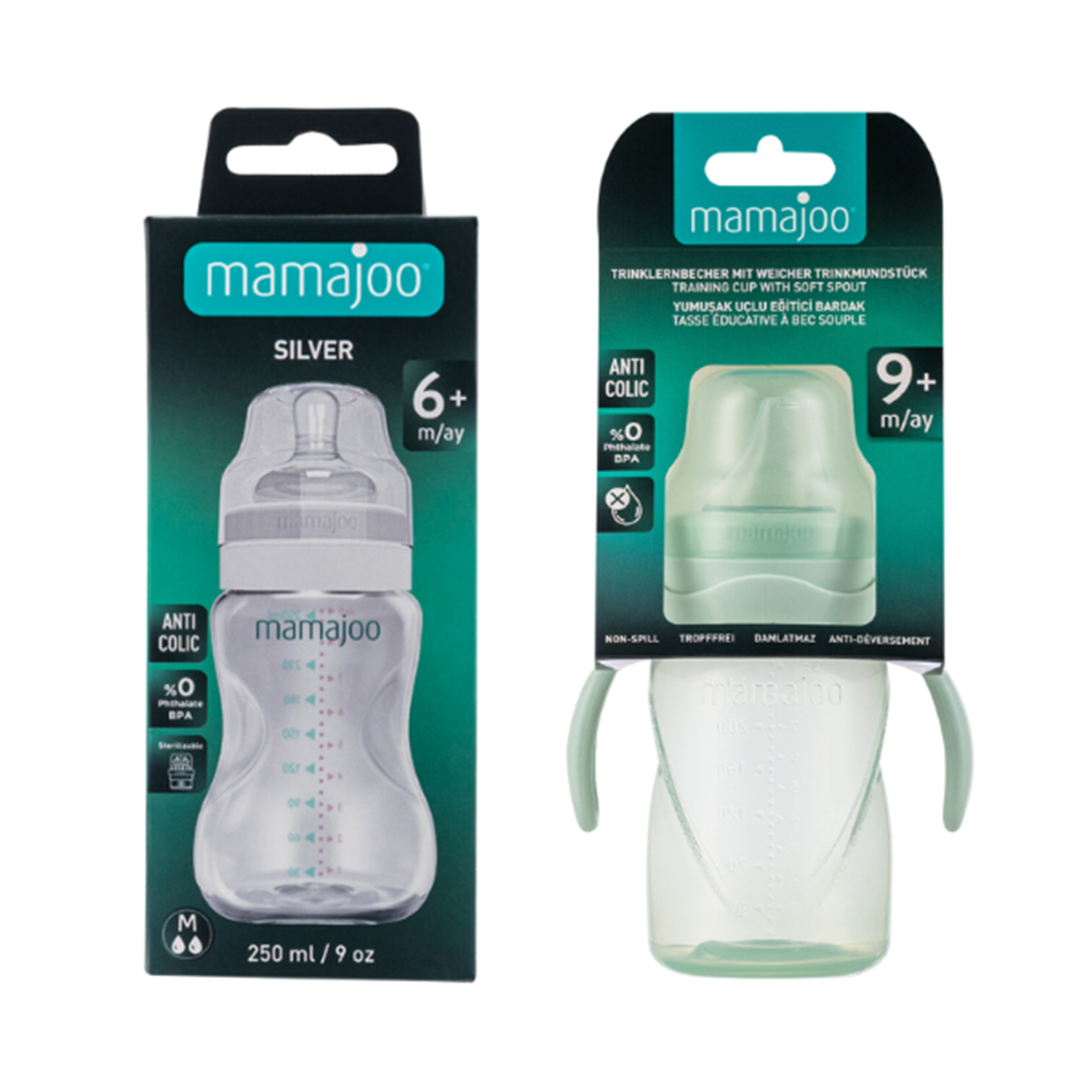Mamajoo Silver Biberon 250ml & Kulplu Eğitici Bardak 270ml / Powder Green