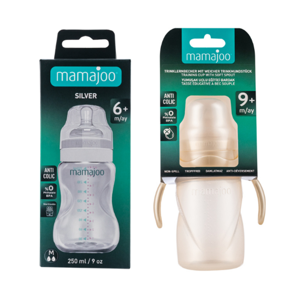Mamajoo Silver Biberon 250ml & Kulplu Eğitici Bardak 270ml / Pearl