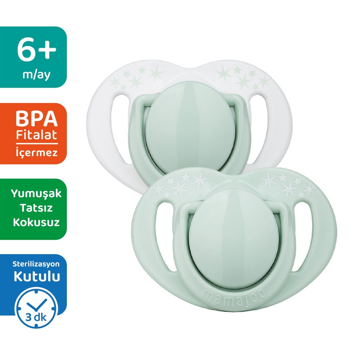Mamajoo Sterilizasyon & Saklama Kutulu Powder Green Desenli İkili Ortodontik Emzik / 6 Ay+ 