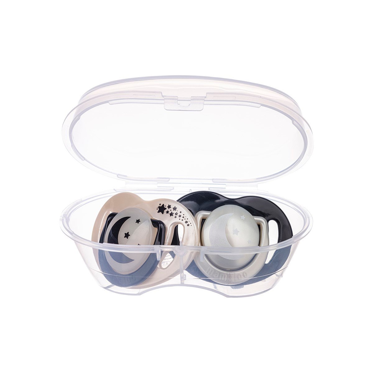 Mamajoo Sterilizasyon & Saklama Kutulu Silikon Ortodontik İkili Emzik Pearl&Black / Gece-Gündüz 6 ay +