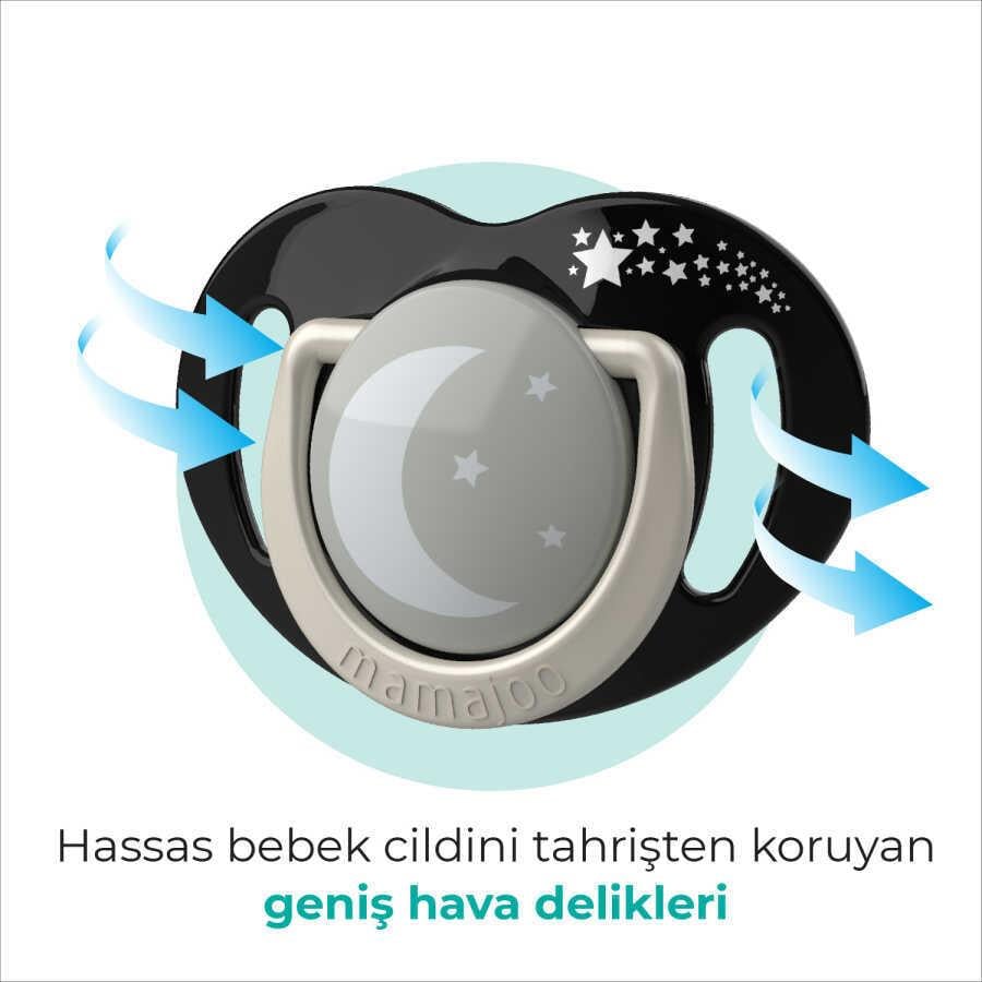 Mamajoo Sterilizasyon & Saklama Kutulu Silikon Ortodontik İkili Emzik Black&Pearl / Gece-Gündüz 6 ay +