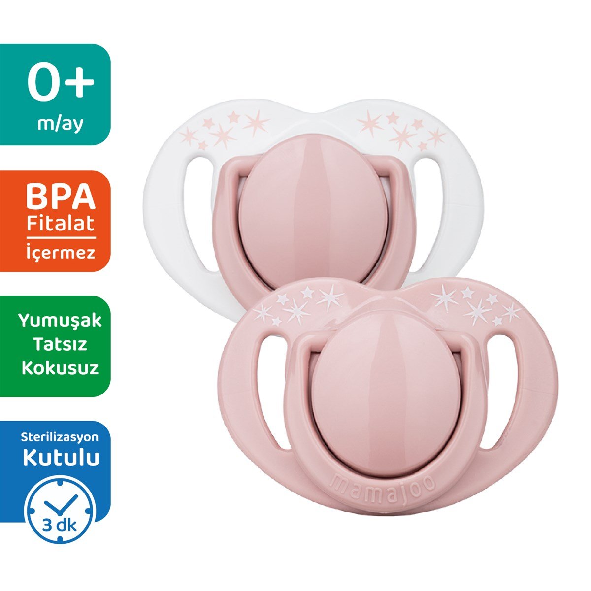 Mamajoo Sterilizasyon & Saklama Kutulu Powder Pink Desenli İkili Ortodontik Emzik / 0 Ay+