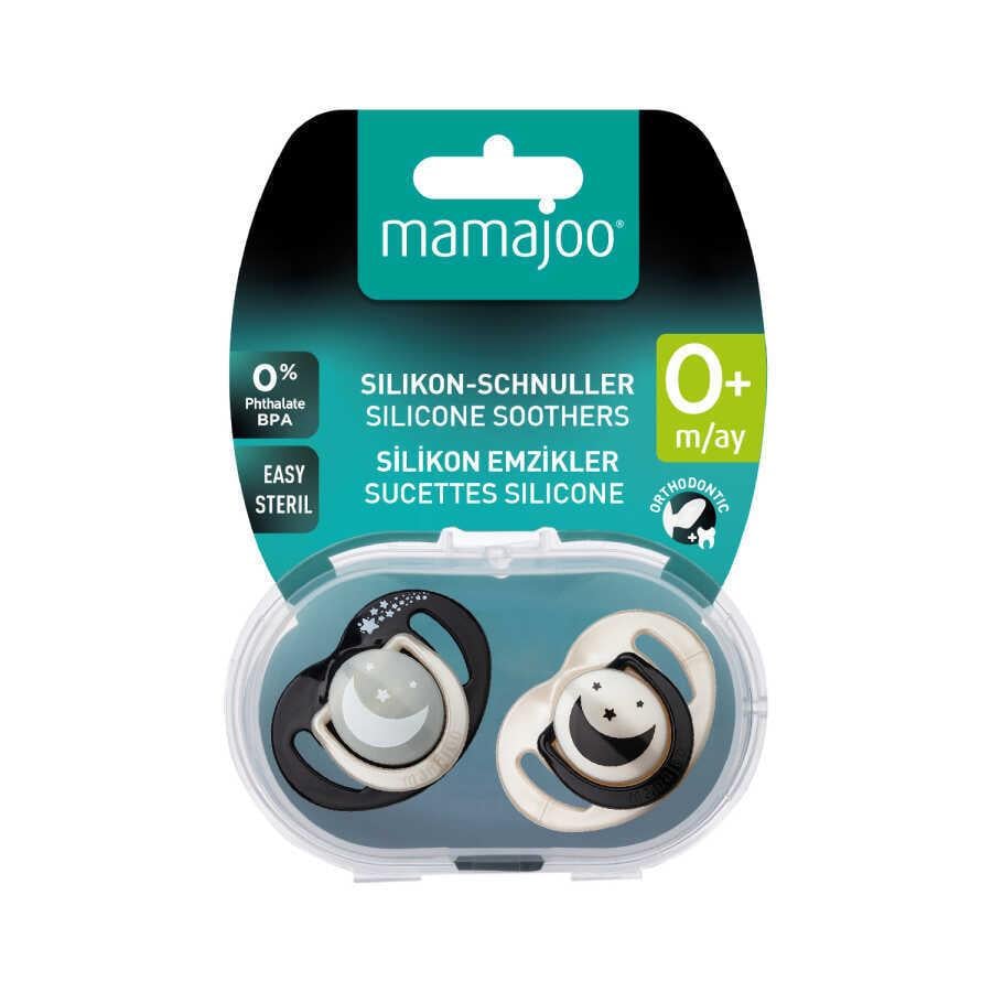 Mamajoo Sterilizasyon & Saklama Kutulu Silikon Ortodontik İkili Emzik Black&Pearl / Gece-Gündüz 0 ay +