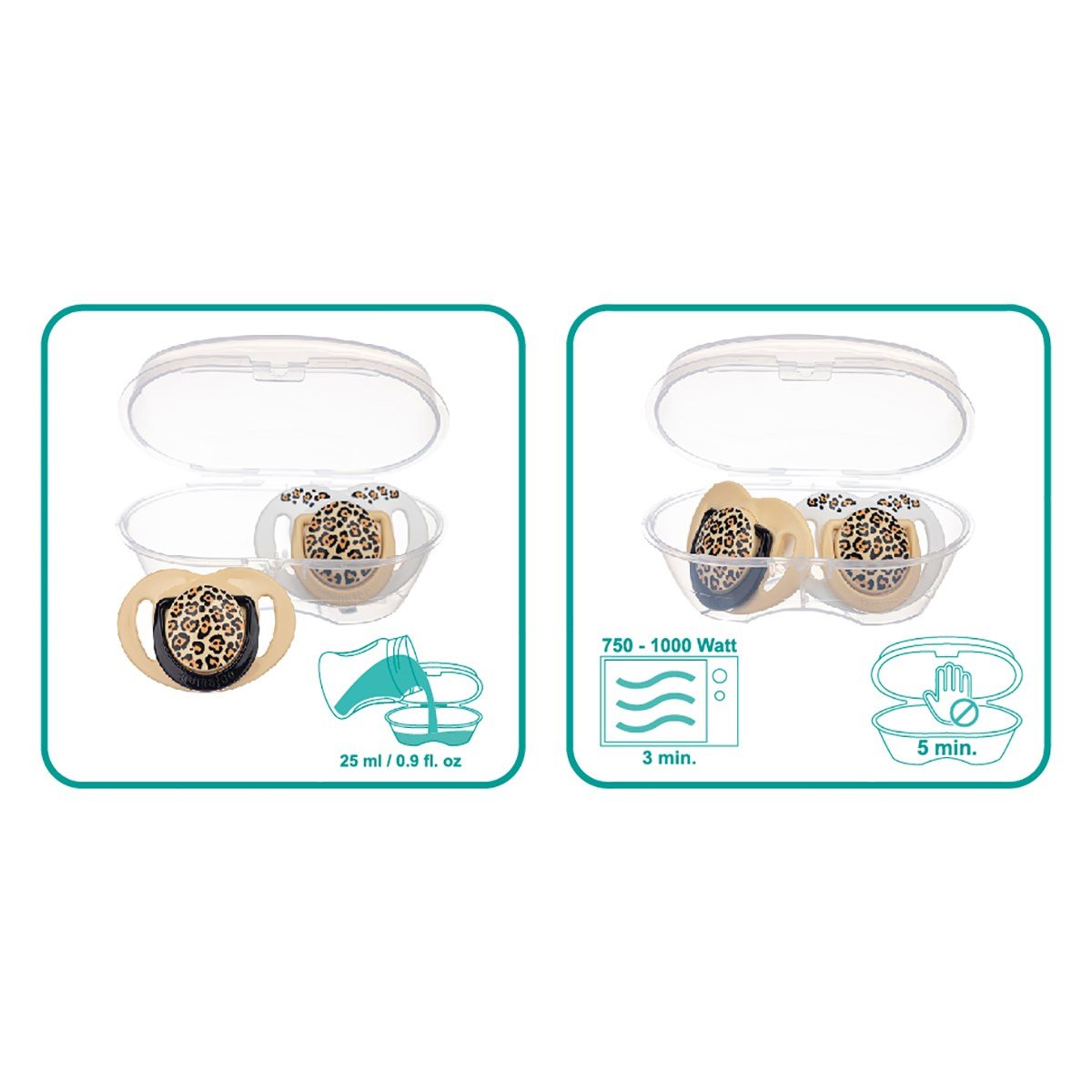 Mamajoo Sterilizasyon & Saklama Kutulu Silikon Ortodontik İkili Emzik Bej Leopar / 6 ay +