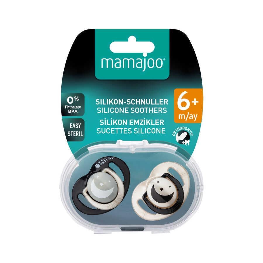 Mamajoo Sterilizasyon & Saklama Kutulu Silikon Ortodontik İkili Emzik Black&Pearl / Gece-Gündüz 6 ay +