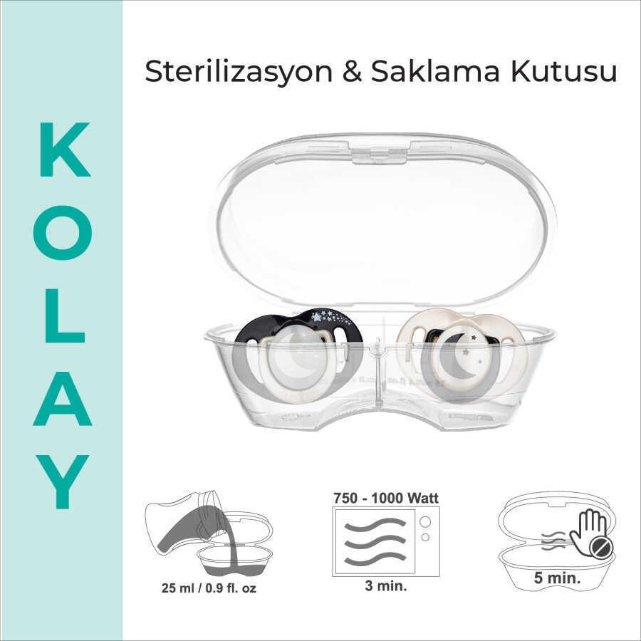 Mamajoo Sterilizasyon & Saklama Kutulu Silikon Ortodontik İkili Emzik Black&Pearl / Gece-Gündüz 6 ay +