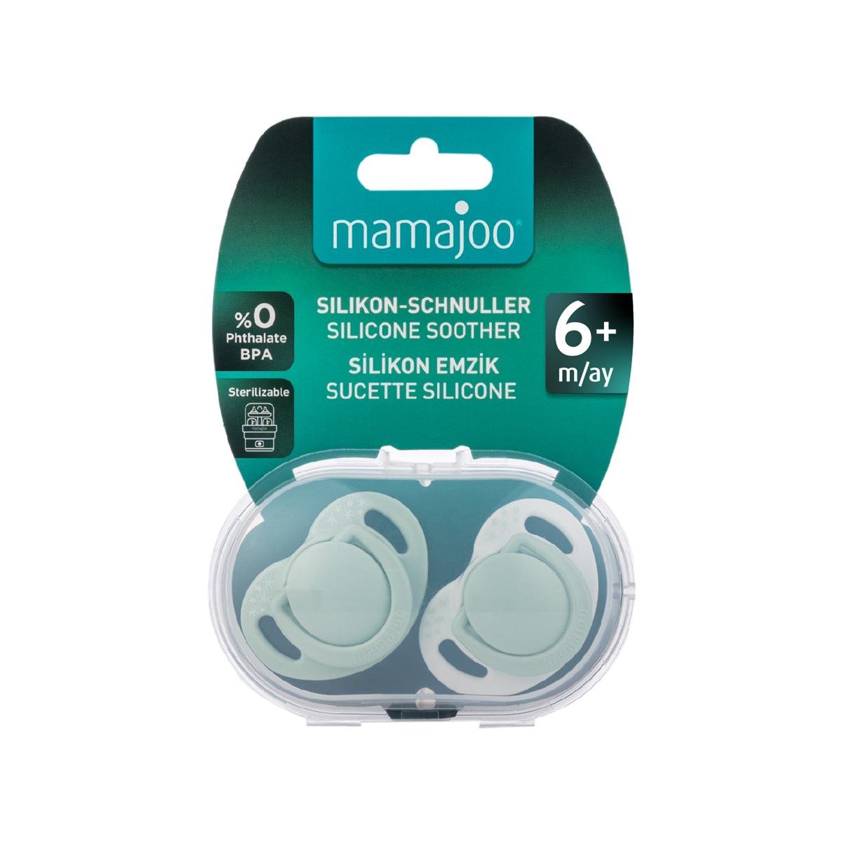 Mamajoo Sterilizasyon & Saklama Kutulu Powder Green Desenli İkili Ortodontik Emzik / 6 Ay+ 