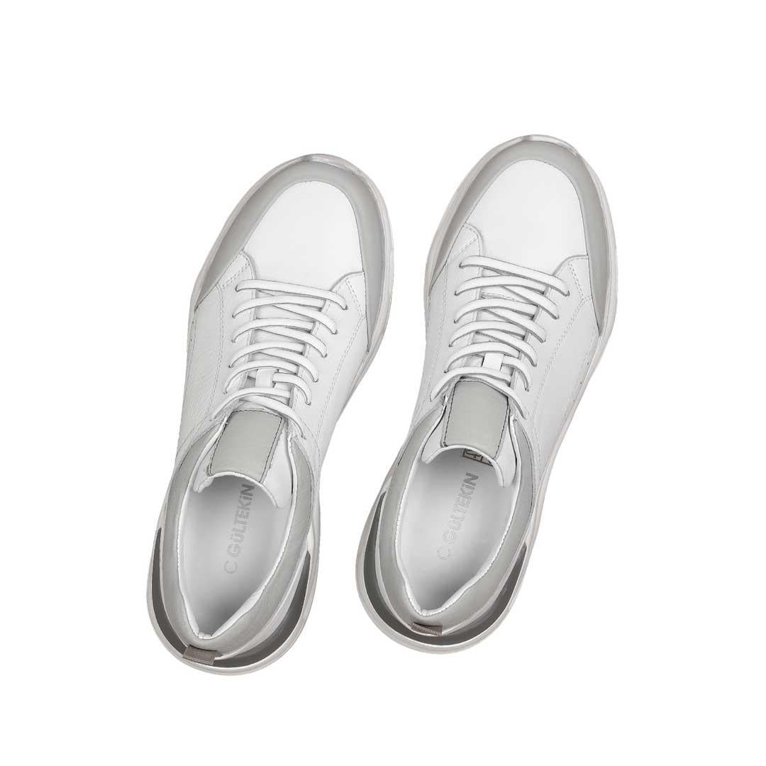 Celal Gültekin Erkek Beyaz Gri Bağcıklı Kalın Tabanlı Deri Sneaker