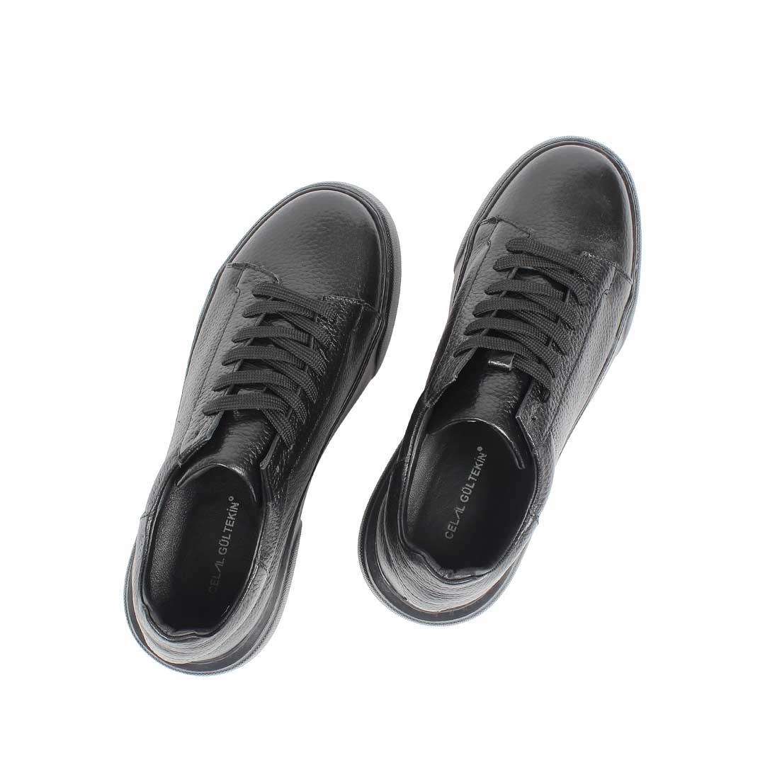 Celal Gültekin Erkek Düz Siyah Bağcıklı Kalın Tabanlı Deri Sneaker