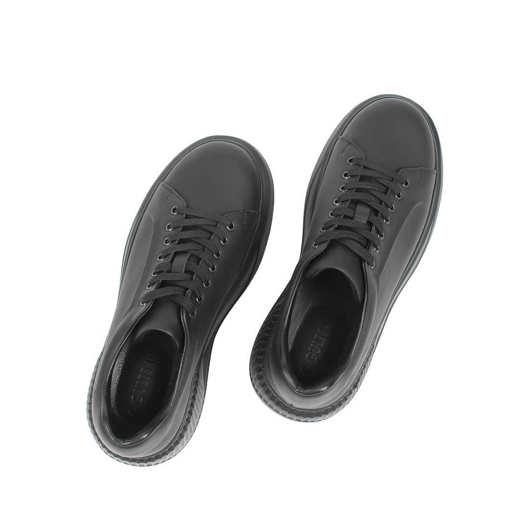Celal Gültekin Erkek Mat Siyah Bağcıklı Kalın Tabanlı Deri Sneaker