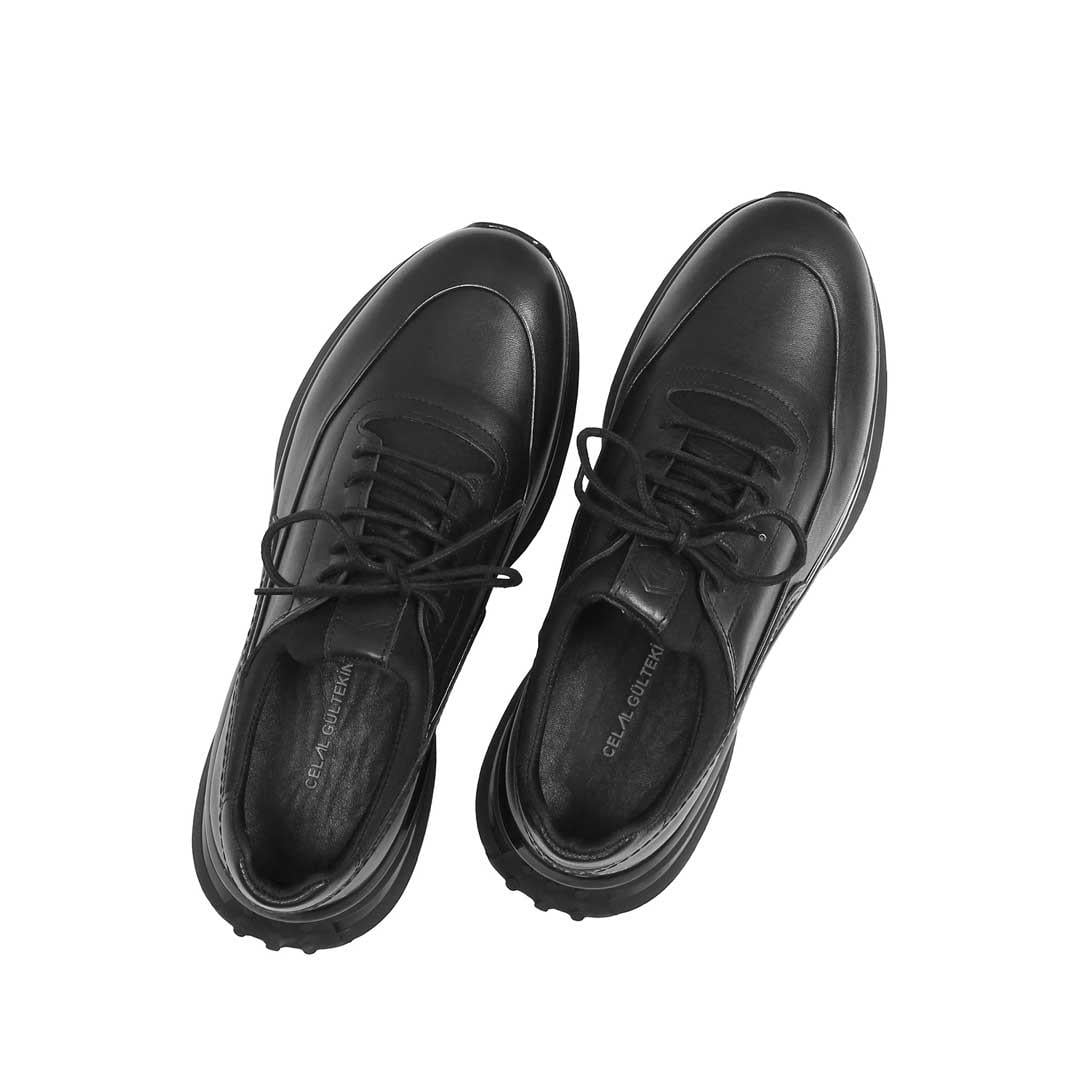 Celal Gültekin Erkek Siyah Bağcıklı Kalın Tabanlı Deri Sneaker