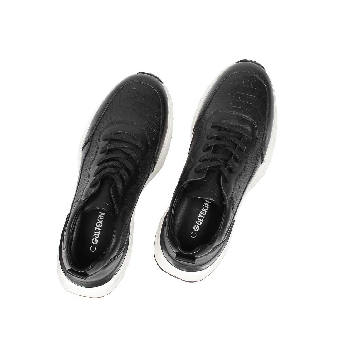 Celal Gültekin Erkek Siyah Bağcıklı Kalın Tabanlı Kroko Deri Sneaker