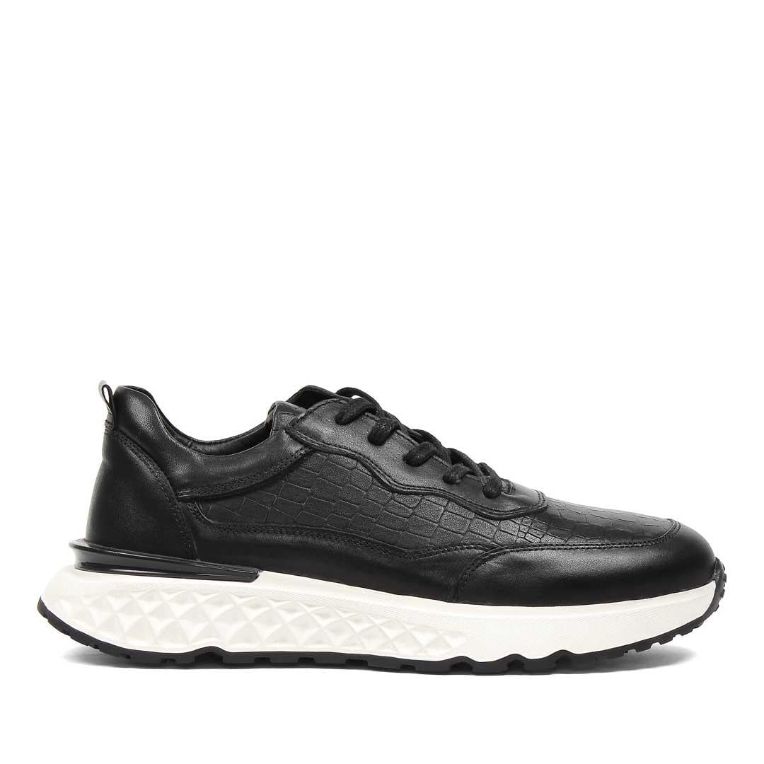 Celal Gültekin Erkek Siyah Bağcıklı Kalın Tabanlı Kroko Deri Sneaker