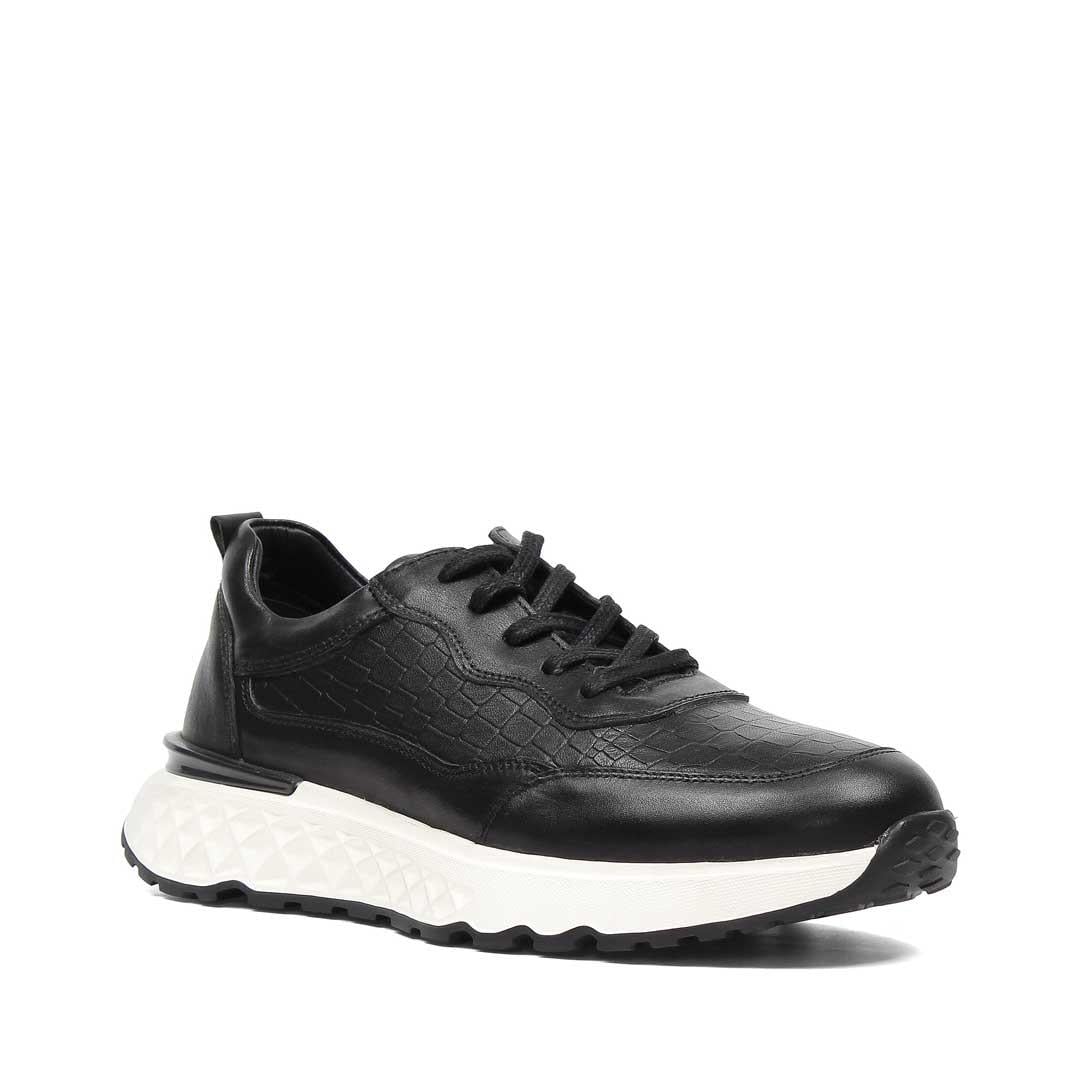 Celal Gültekin Erkek Siyah Bağcıklı Kalın Tabanlı Kroko Deri Sneaker