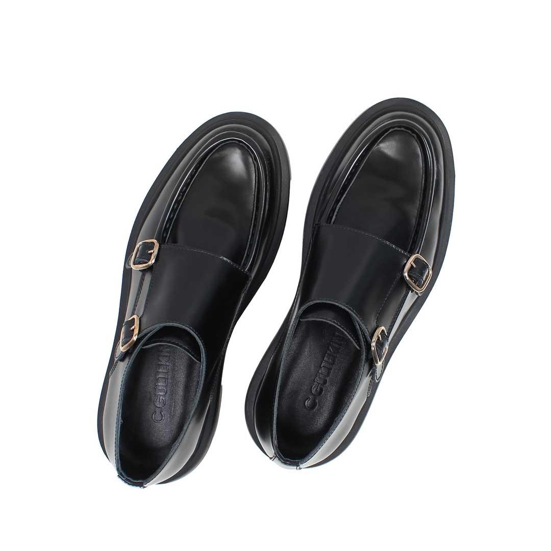 Celal Gültekin Erkek Siyah Çift Tokalı Açma Deri Günlük Ayakkabı