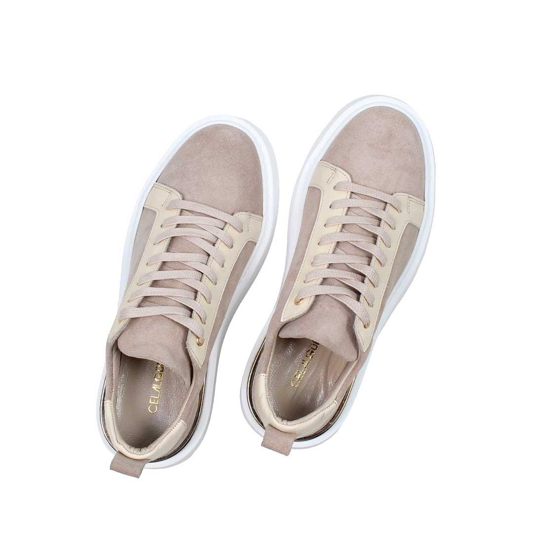 Celal Gültekin Kadın Bej Bağcıklı Kalın Tabanlı Süet Deri Sneaker