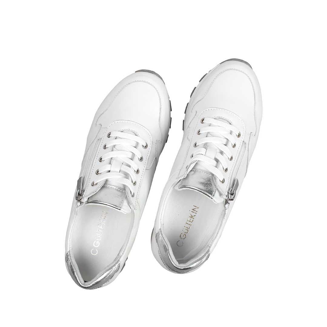 Celal Gültekin Kadın Beyaz Bağcıklı Fermuarlı Deri Sneaker