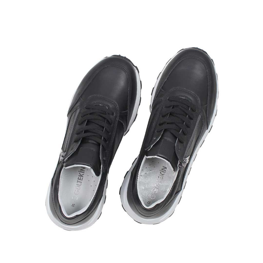 Celal Gültekin Kadın Siyah Bağcıklı Fermuarlı Deri Sneaker