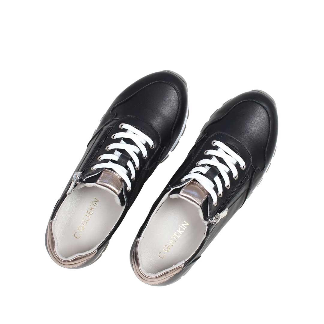 Celal Gültekin Kadın Siyah Bağcıklı Fermuarlı Deri Sneaker