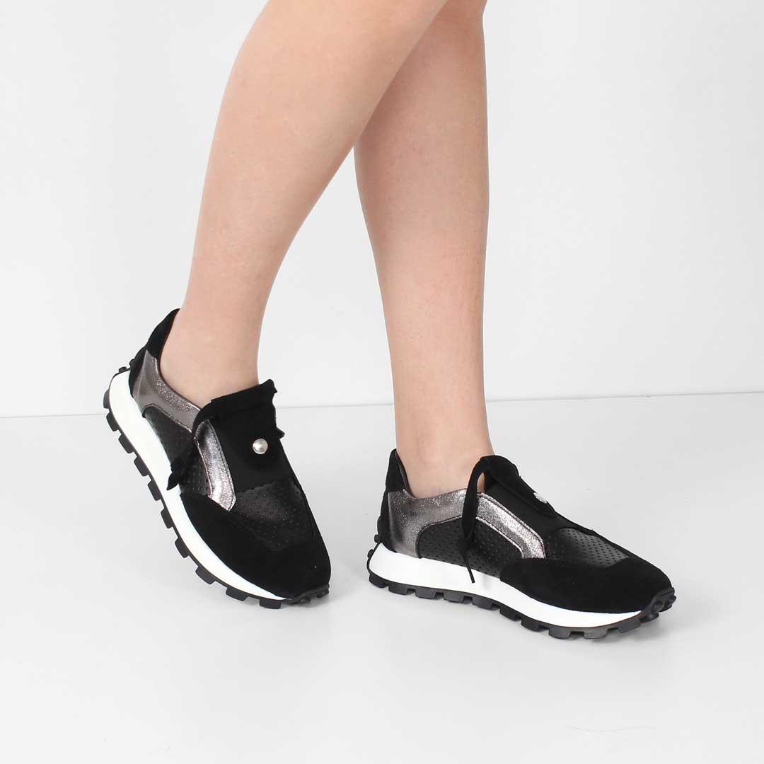 Celal Gültekin Kadın Siyah Süet Siyah Deri Sneaker