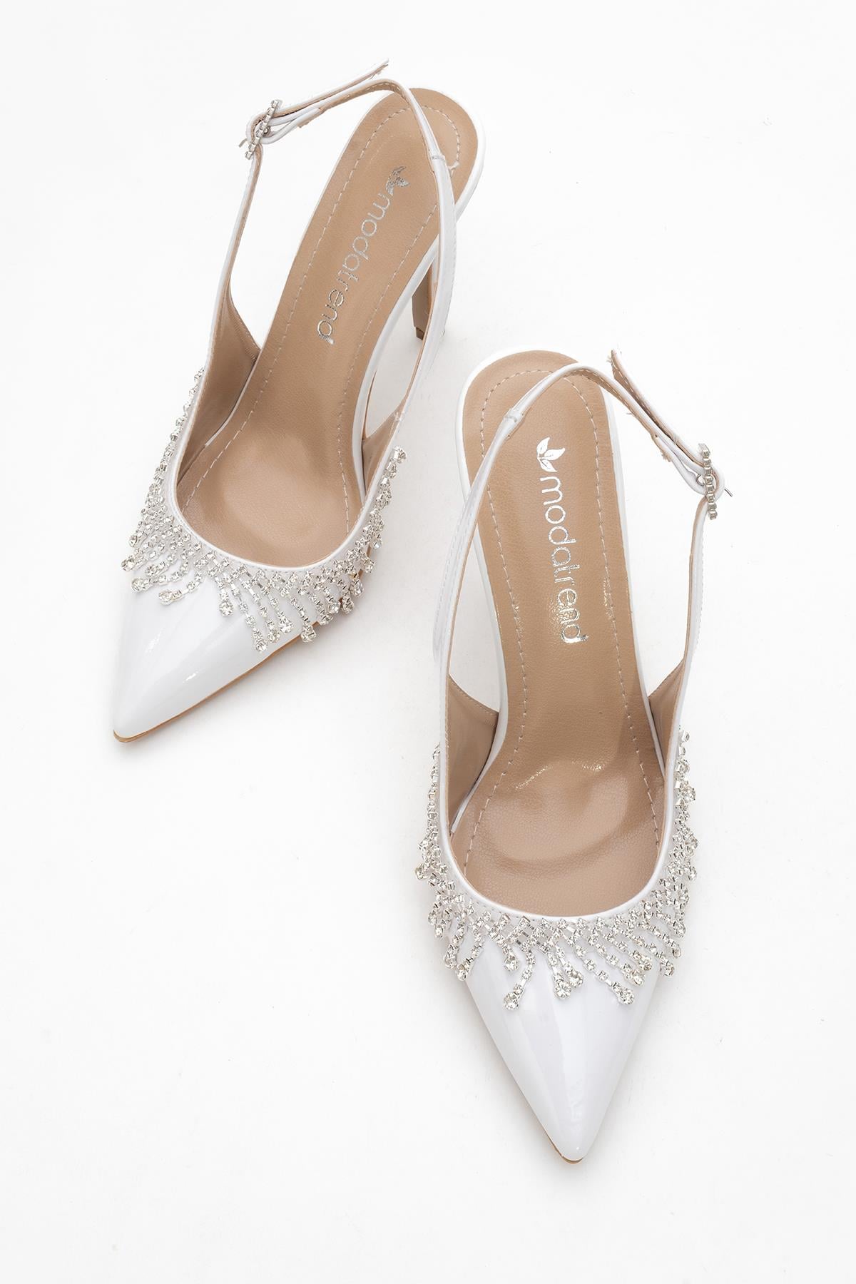 11 Cm Saçak Taşlı Açık Kadın Stiletto Ayakkabı BEYAZ RUGAN