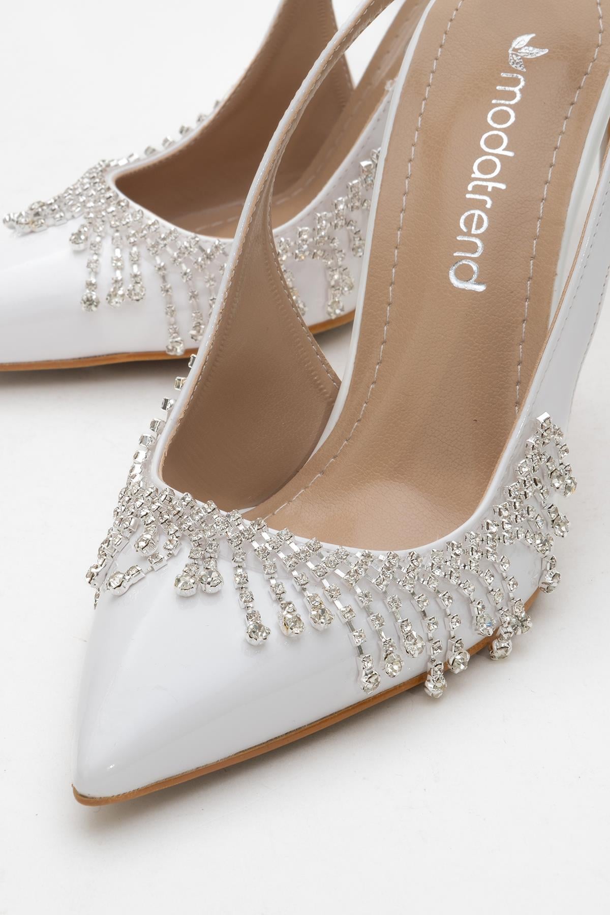 11 Cm Saçak Taşlı Açık Kadın Stiletto Ayakkabı BEYAZ RUGAN