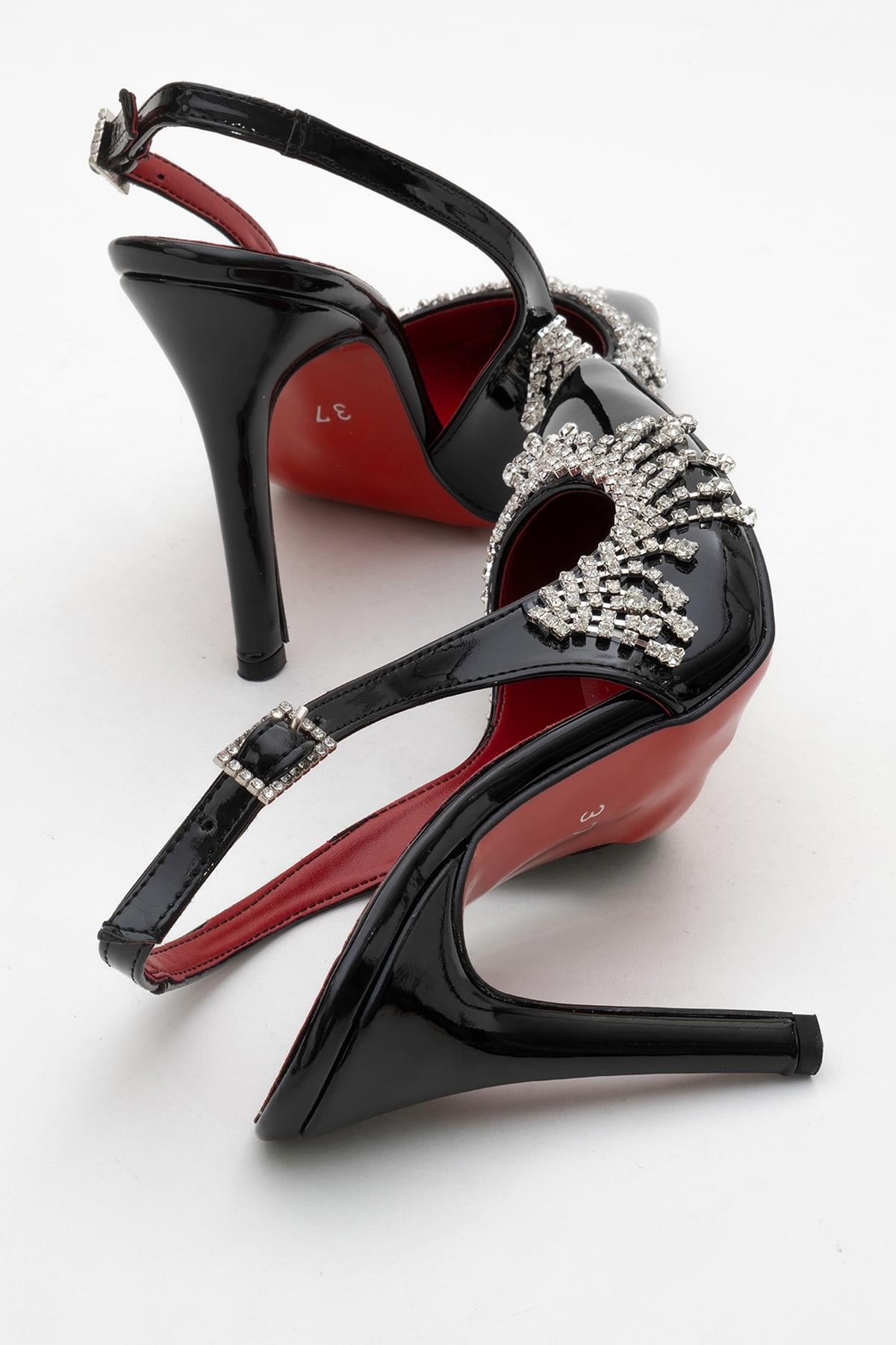 11 Cm Saçak Taşlı Açık Kadın Stiletto Ayakkabı SİYAH RUGAN