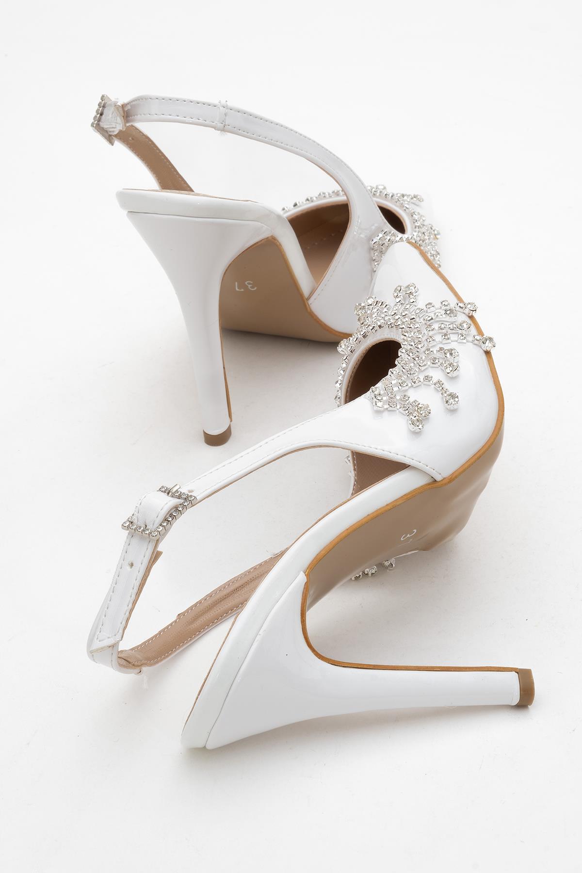 11 Cm Saçak Taşlı Açık Kadın Stiletto Ayakkabı BEYAZ RUGAN