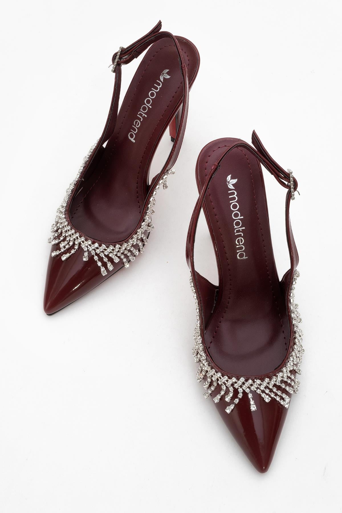 11 Cm Saçak Taşlı Açık Kadın Stiletto Ayakkabı BORDO RUGAN