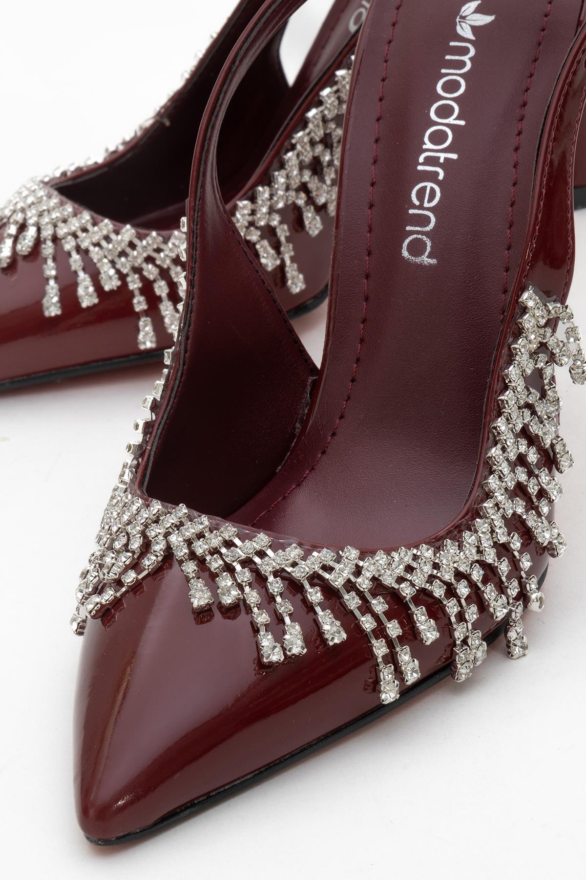 11 Cm Saçak Taşlı Açık Kadın Stiletto Ayakkabı BORDO RUGAN