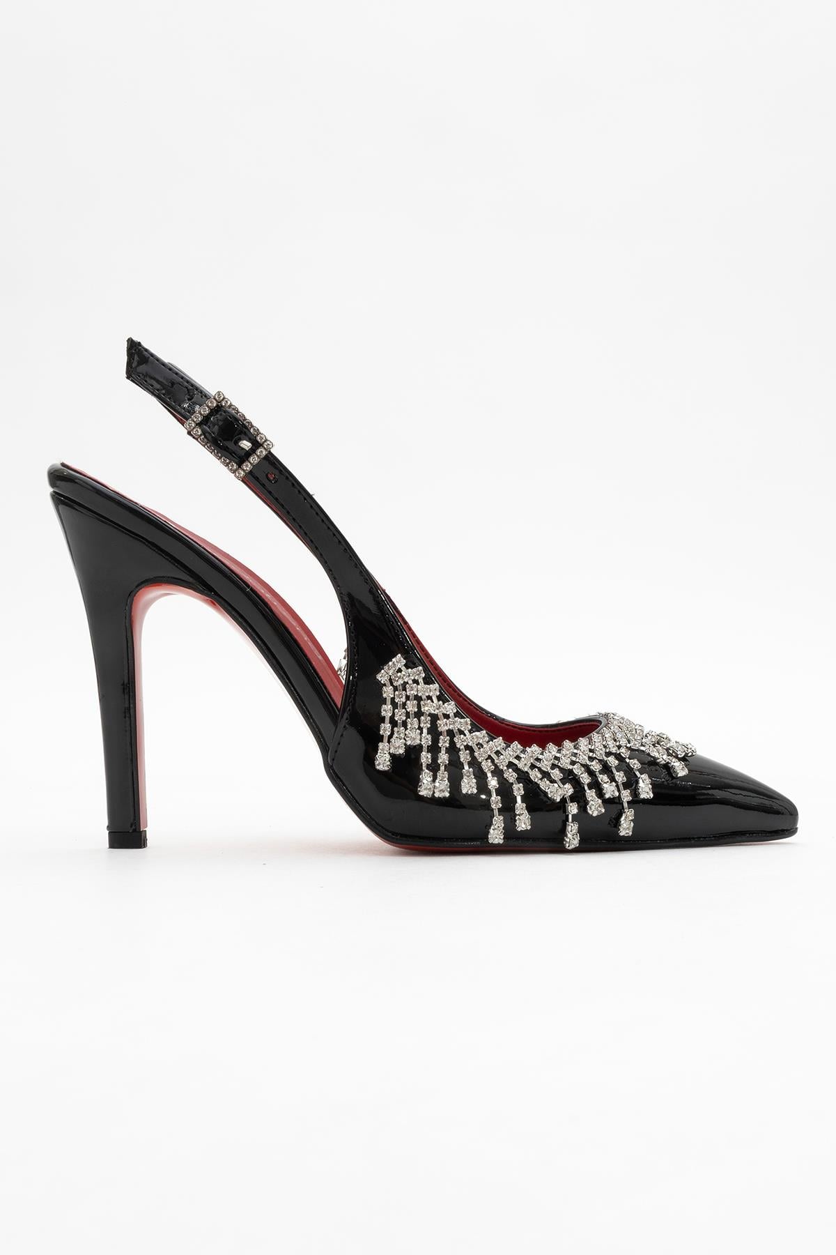 11 Cm Saçak Taşlı Açık Kadın Stiletto Ayakkabı SİYAH RUGAN