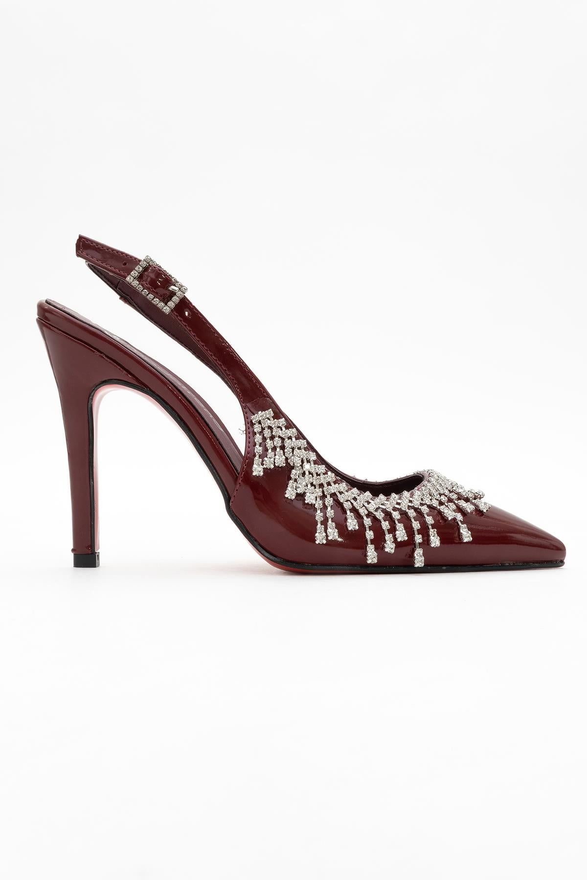 11 Cm Saçak Taşlı Açık Kadın Stiletto Ayakkabı BORDO RUGAN
