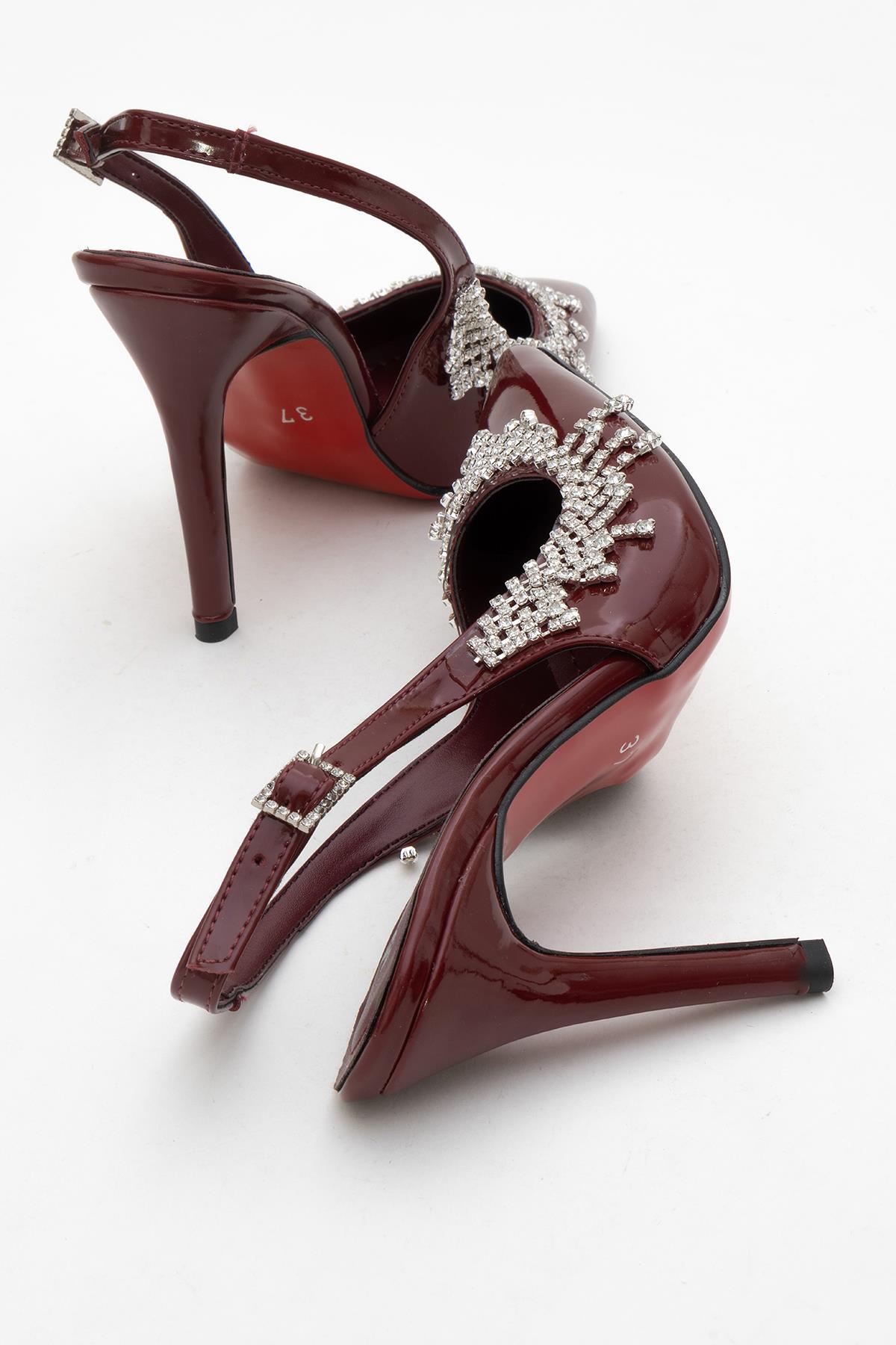 11 Cm Saçak Taşlı Açık Kadın Stiletto Ayakkabı BORDO RUGAN