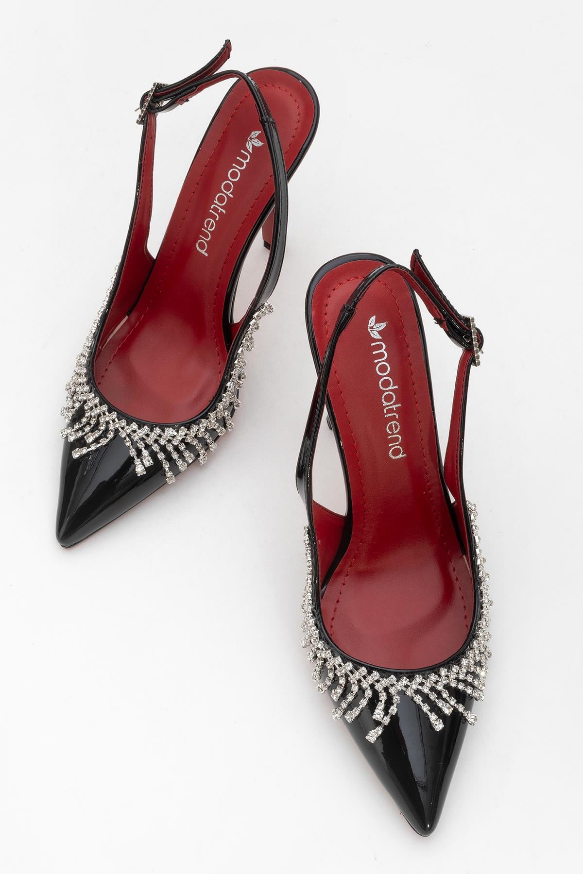 11 Cm Saçak Taşlı Açık Kadın Stiletto Ayakkabı SİYAH RUGAN
