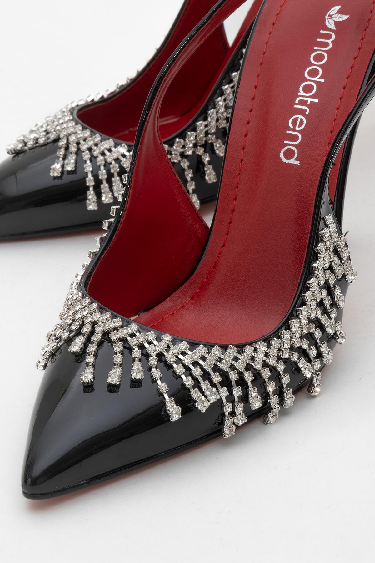 11 Cm Saçak Taşlı Açık Kadın Stiletto Ayakkabı SİYAH RUGAN