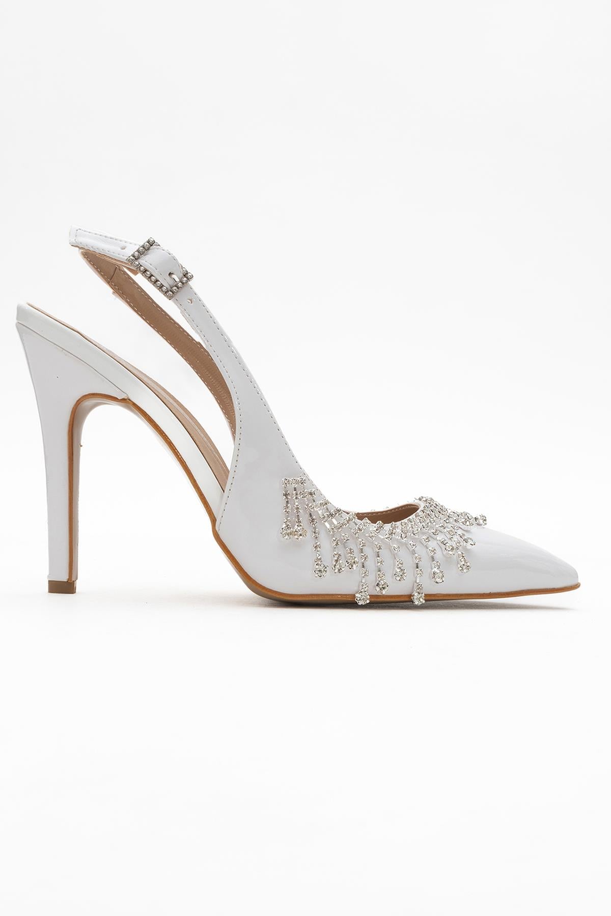 11 Cm Saçak Taşlı Açık Kadın Stiletto Ayakkabı BEYAZ RUGAN