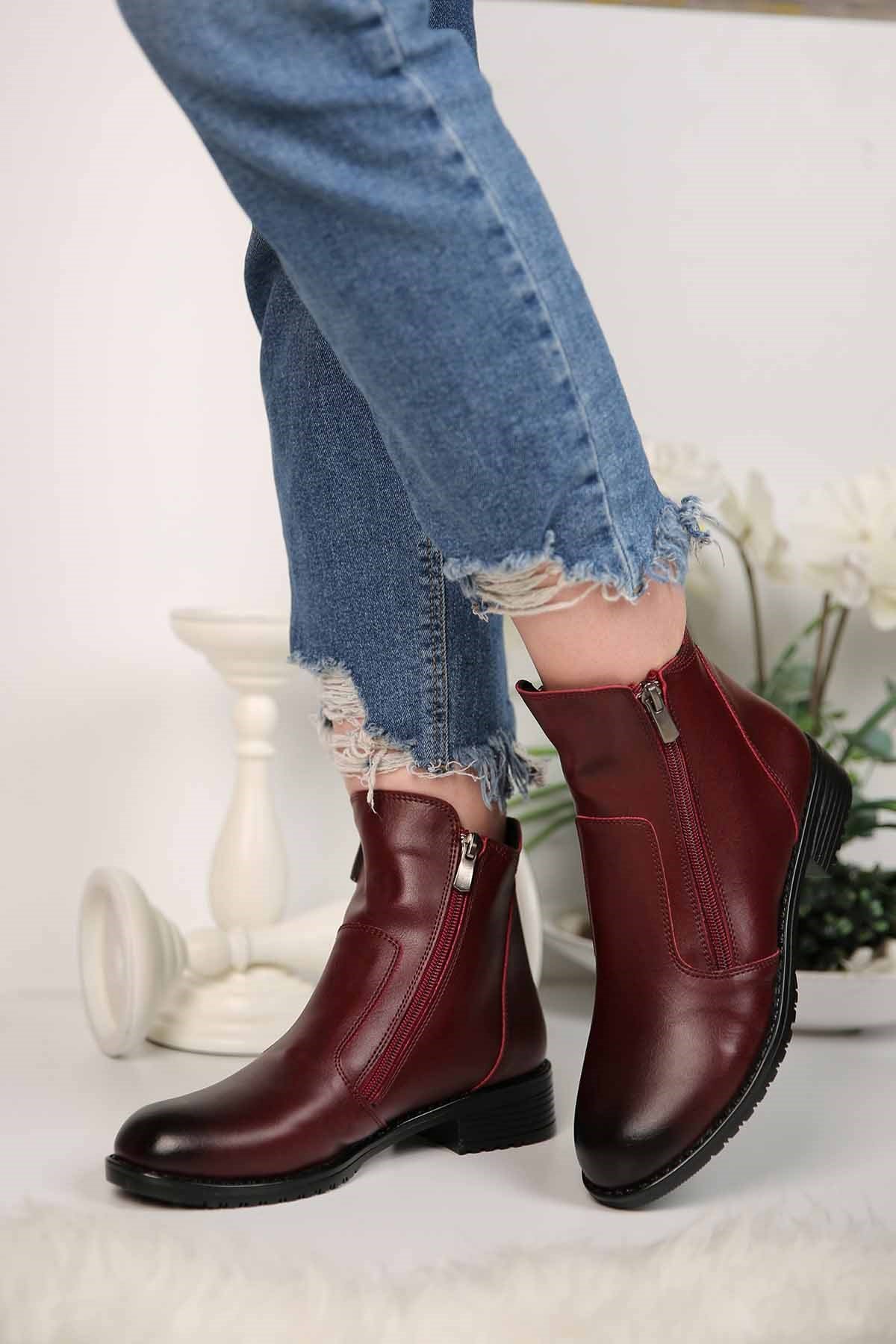 Bayan Çift Fermuarlı Bot - 2271 BORDO CİLT