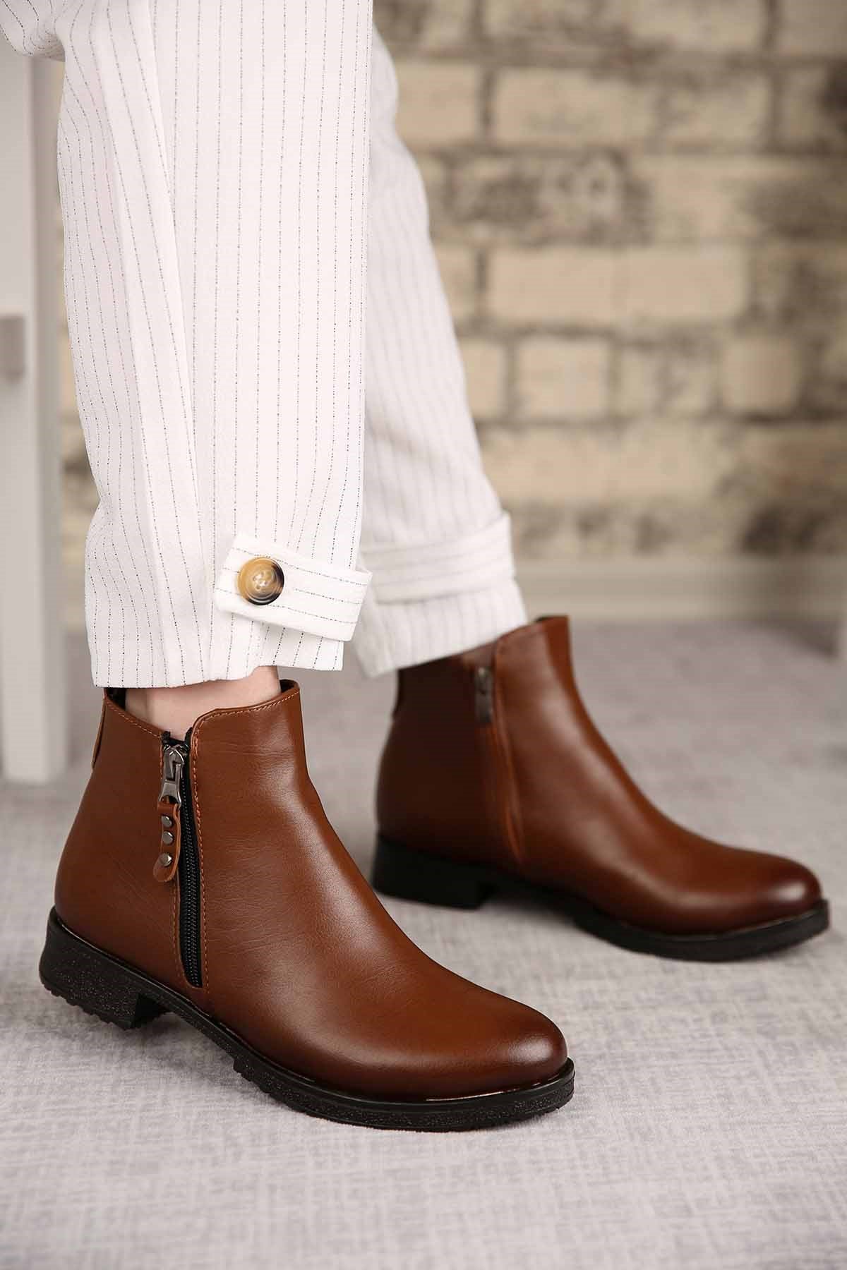 Bayan Çift Fermuarlı Bot TABA CİLT