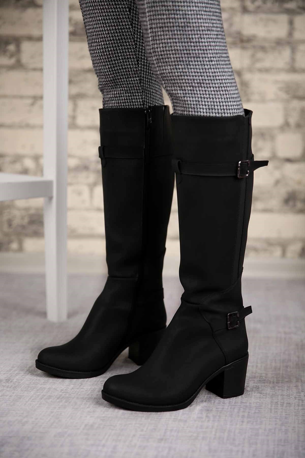 Bayan Çift Tokalı Topuklu Çizme SİYAH ZÜMRÜT