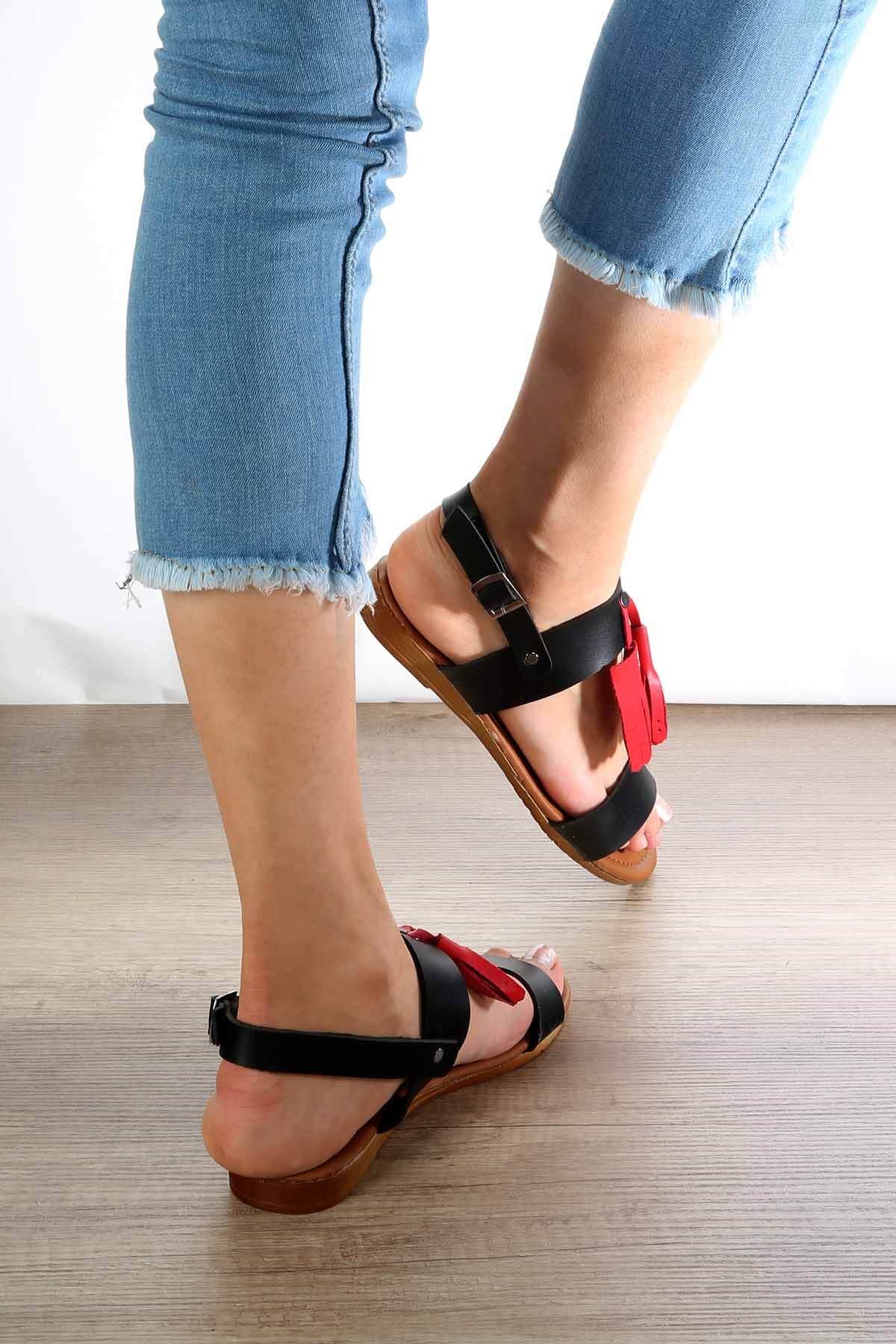Bayan Sandalet - 3951 SİYAH CİLT KIRMIZI