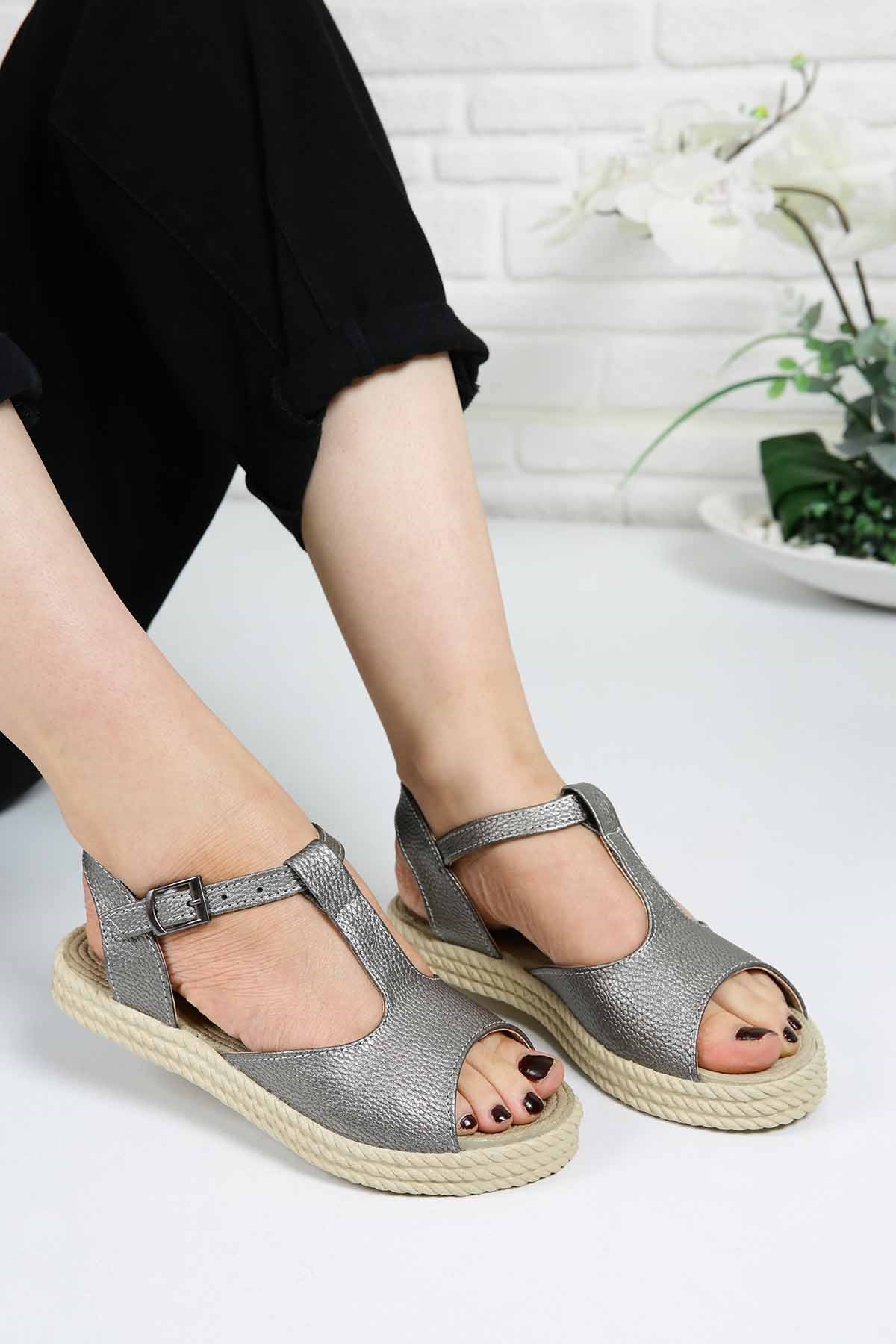 Bayan Sandalet - 3961 PLATİN CİLT