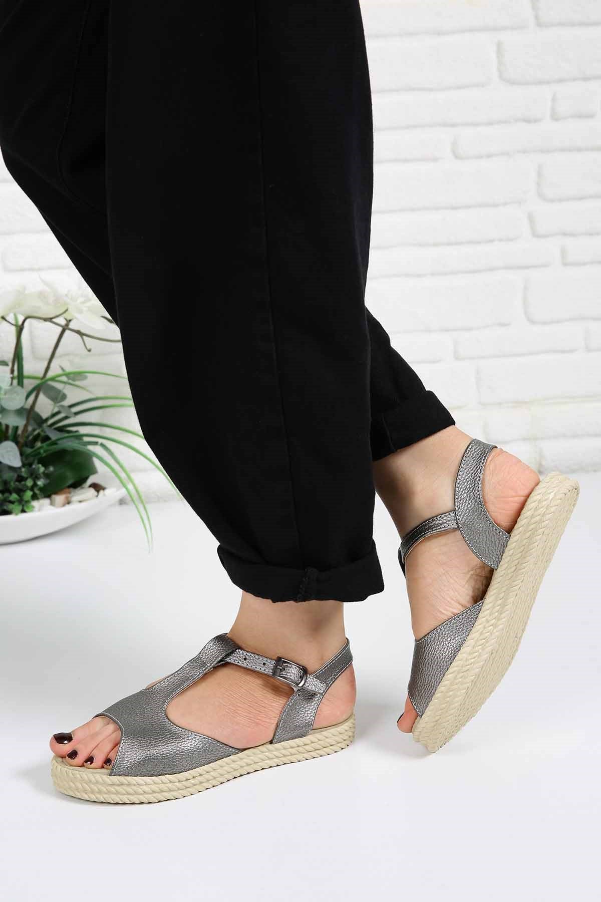 Bayan Sandalet - 3961 PLATİN CİLT