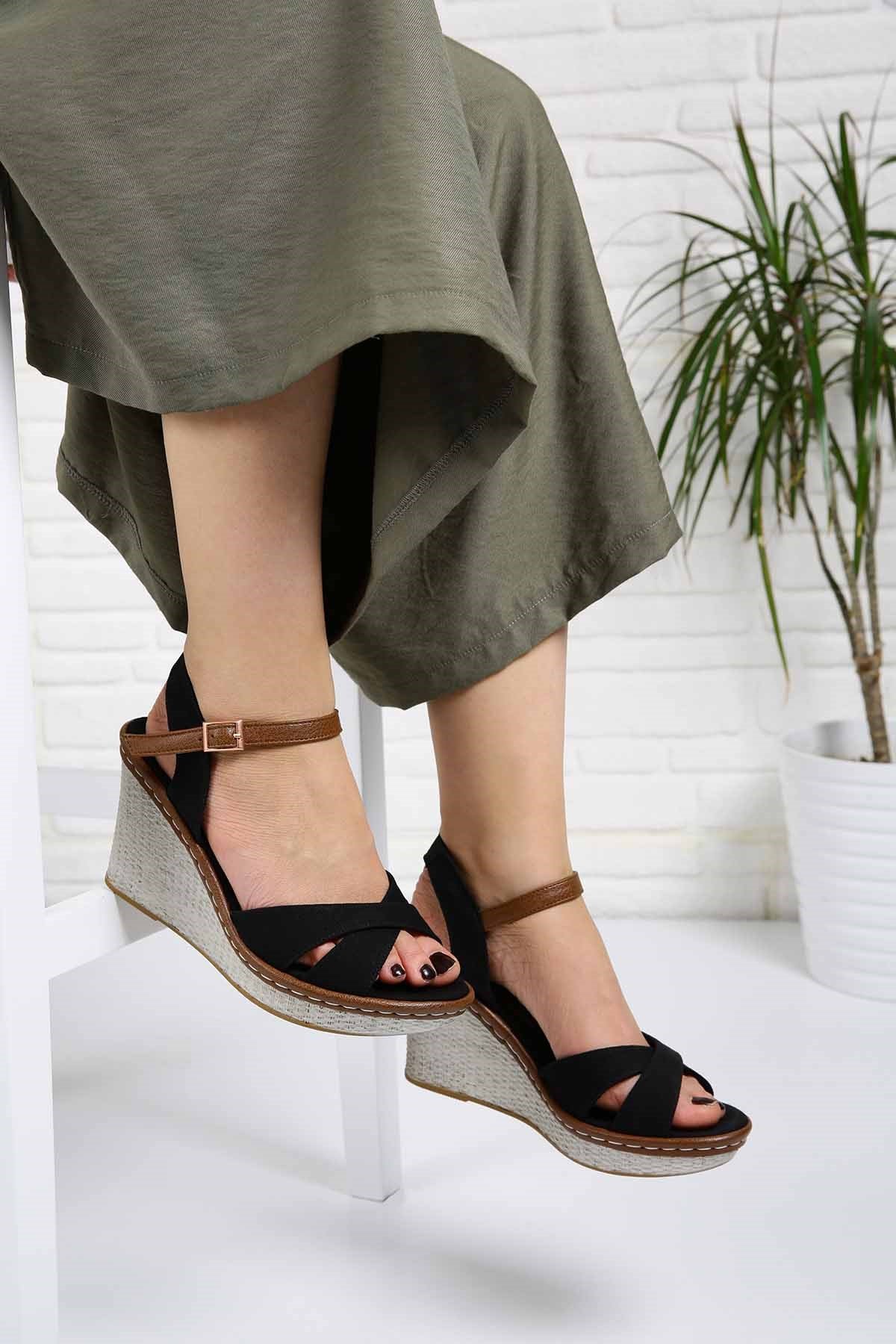 Bayan Sandalet - L402 SİYAH KETEN TABA