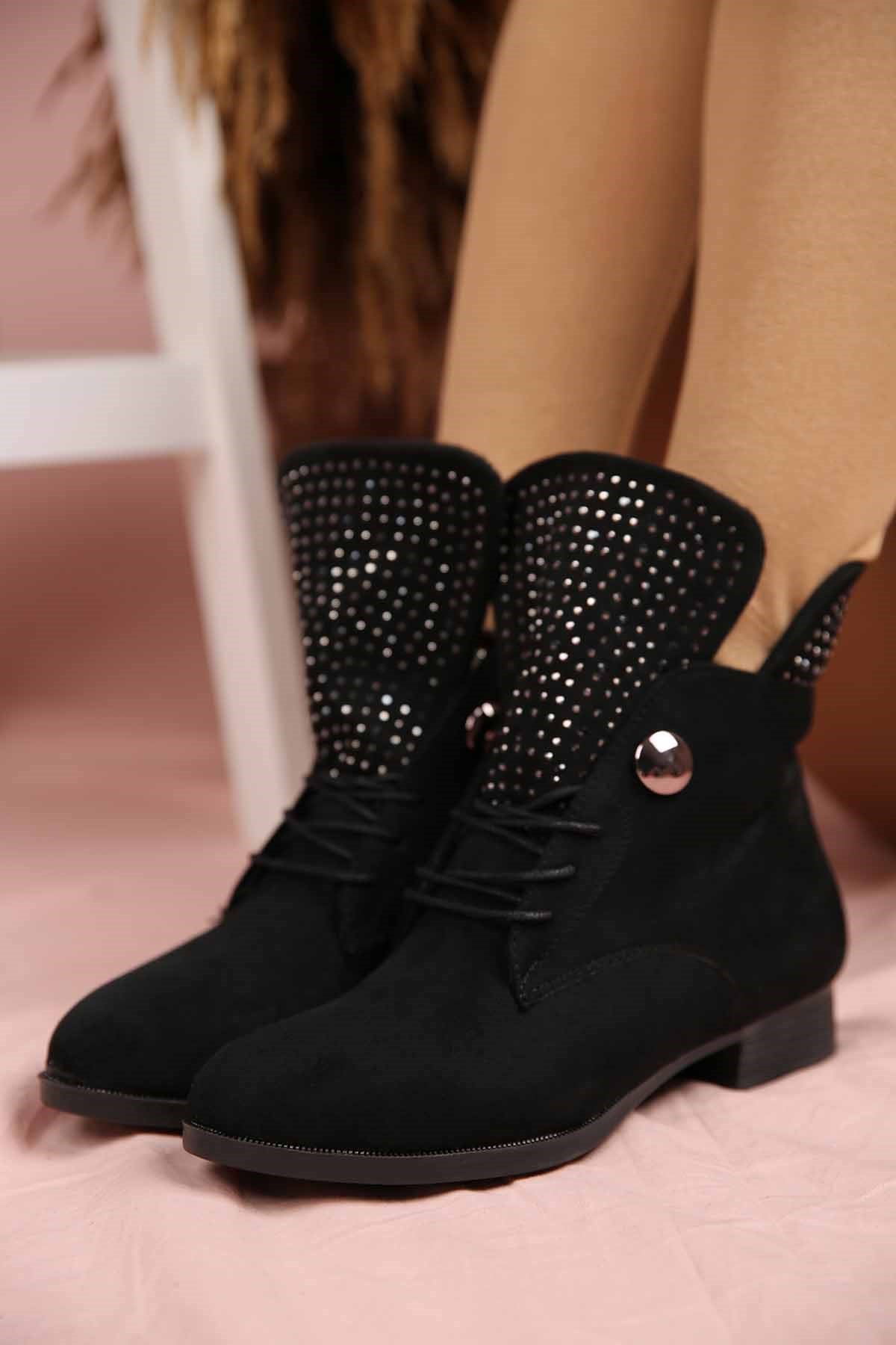 Bayan Taşlı Bot SİYAH SÜET